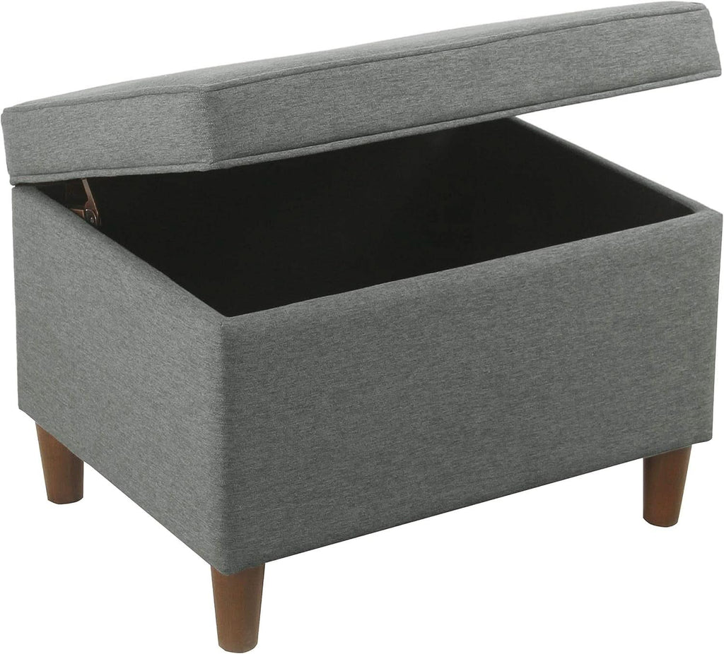 24 inch gray fabric hidden storage ottoman with hinged lid and dark walnut wood legs — view 3