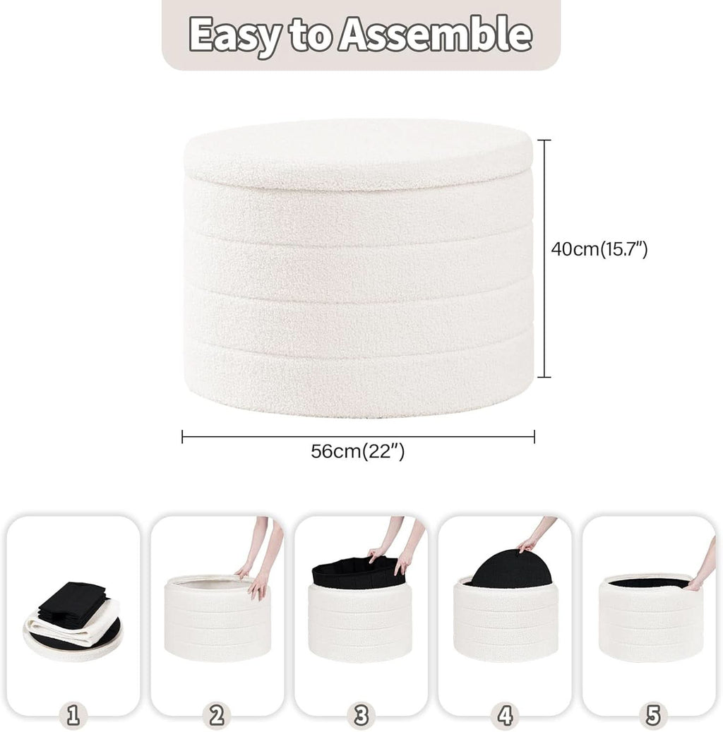 White round storage ottoman in soft teddy fabric with reversible wooden tray table top — view 3
