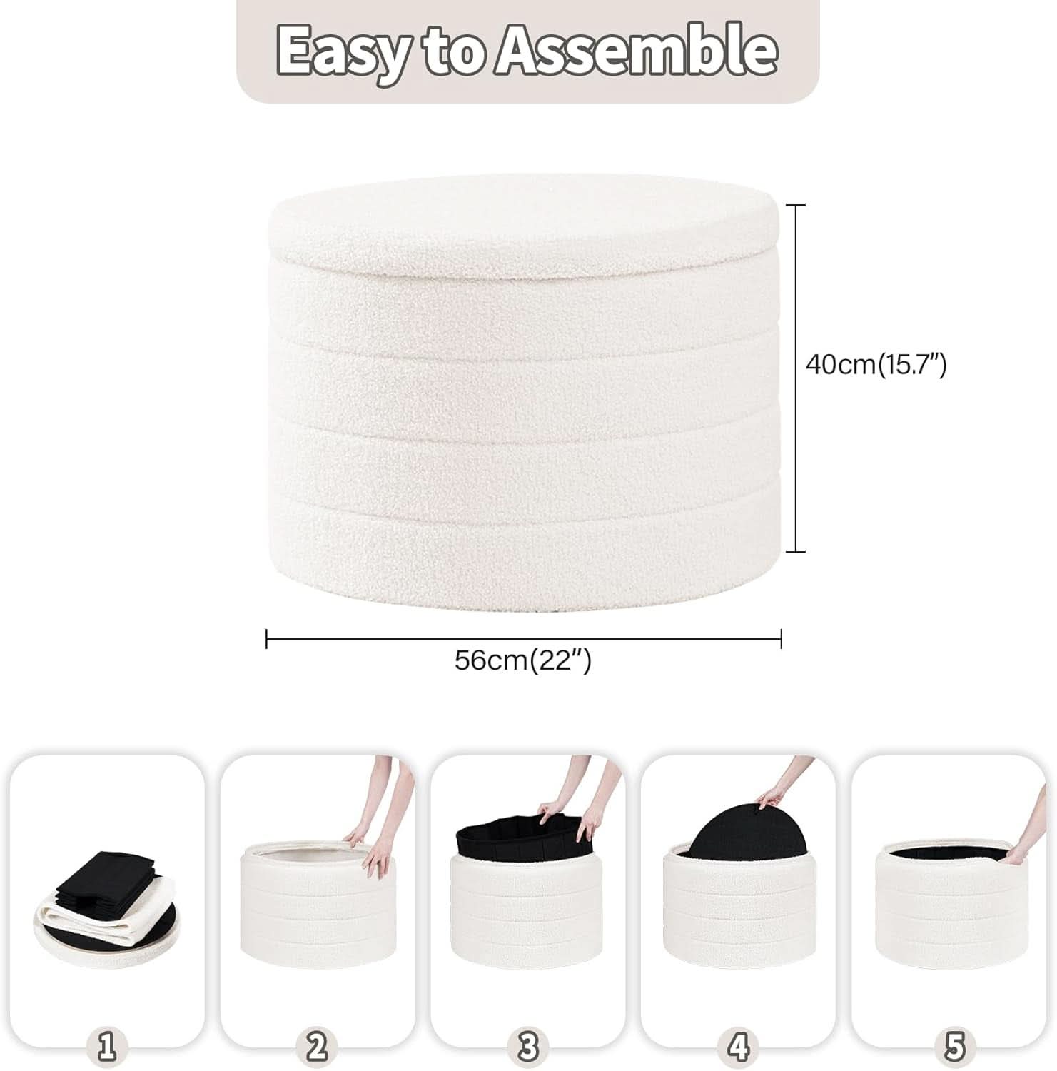White round storage ottoman in soft teddy fabric with reversible wooden tray table top — view 3