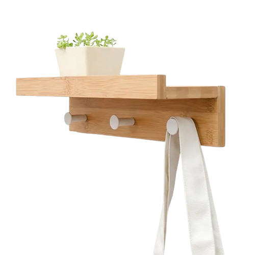 Bamboo multi-functional floating wall shelf with metal hooks displaying rustic home decor and plants.