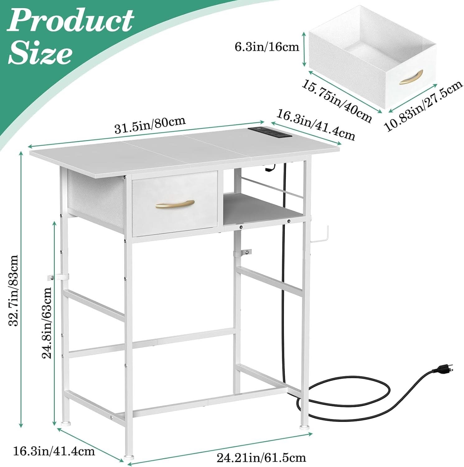 Compact white cosmetic vanity desk with integrated charging station, fabric drawer, and solid wood top. — view 2