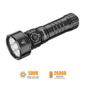 SOFIRN SD11 scuba diving flashlight showing bright LED beam and water resistant black metal casing