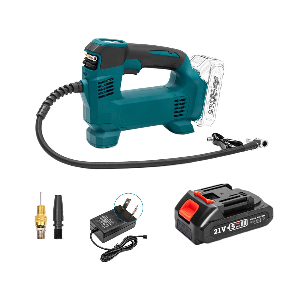 Black cordless portable tyre inflator pump with digital display, battery, charger, and multiple nozzle adapters — view 4