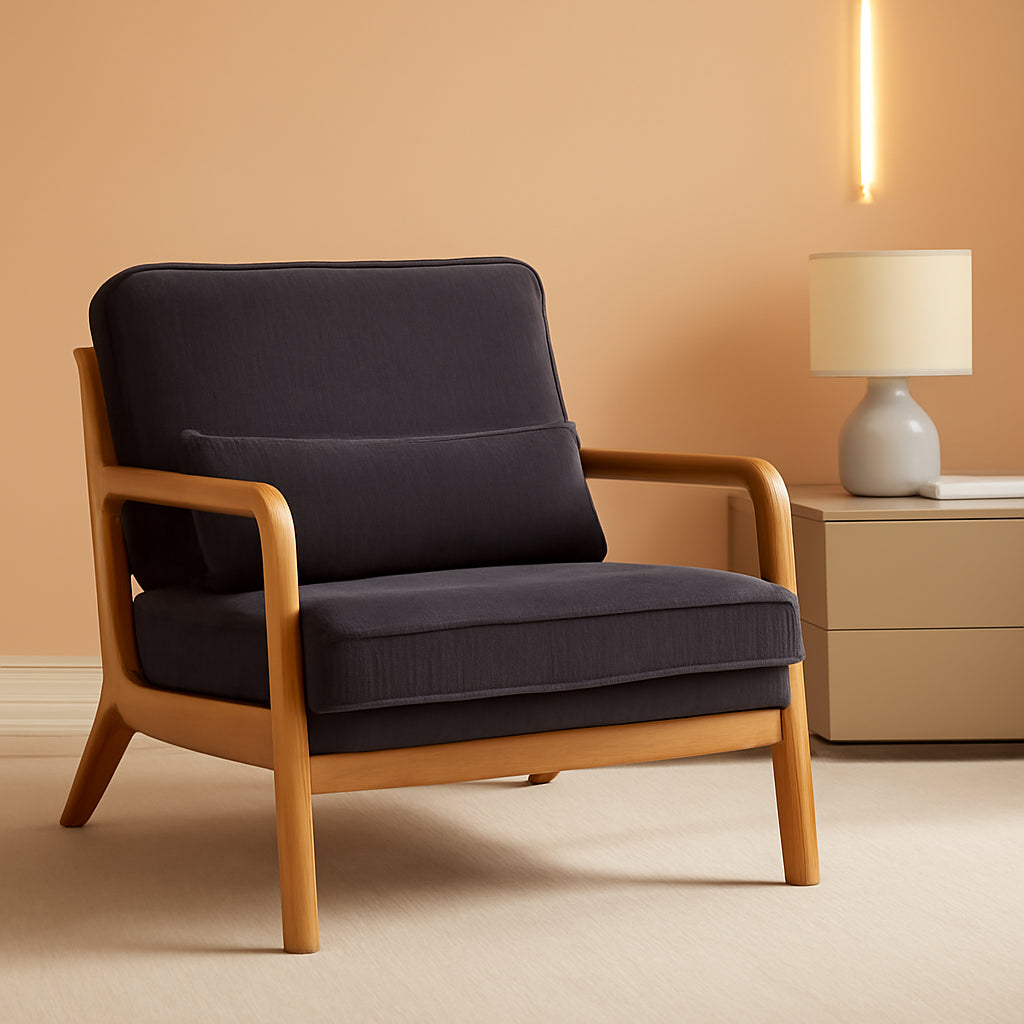 Dark grey corduroy upholstered accent chair with solid wood frame and dedicated lumbar support pillow