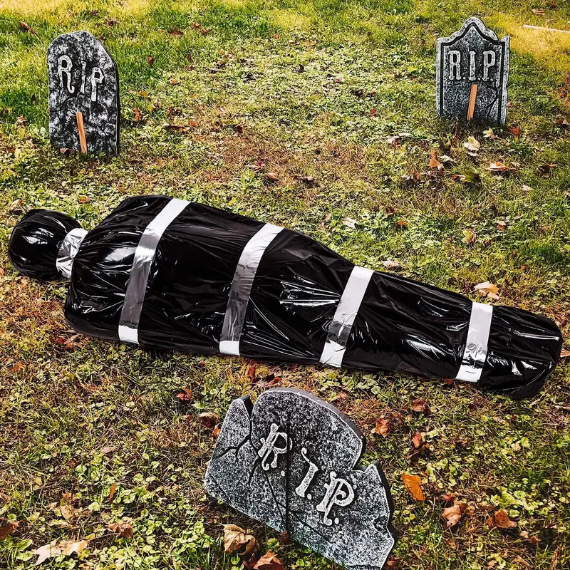 Bag of Dread scary fake corpse Halloween prop wrapped in black bag with silver tape — view 2