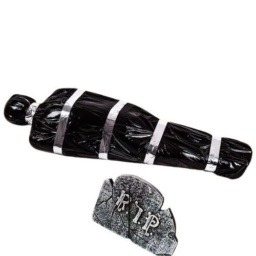 Bag of Dread scary fake corpse Halloween prop wrapped in black bag with silver tape