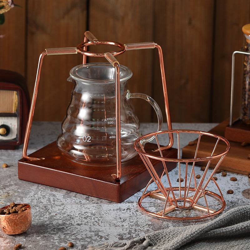 Cold coffee pour over kit featuring stainless steel stand, solid wood base, and glass dripper — view 4