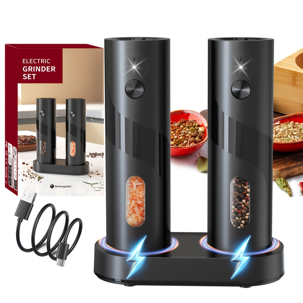 Electric salt and pepper grinder set in modern black ABS plastic with USB charging base. — view 3
