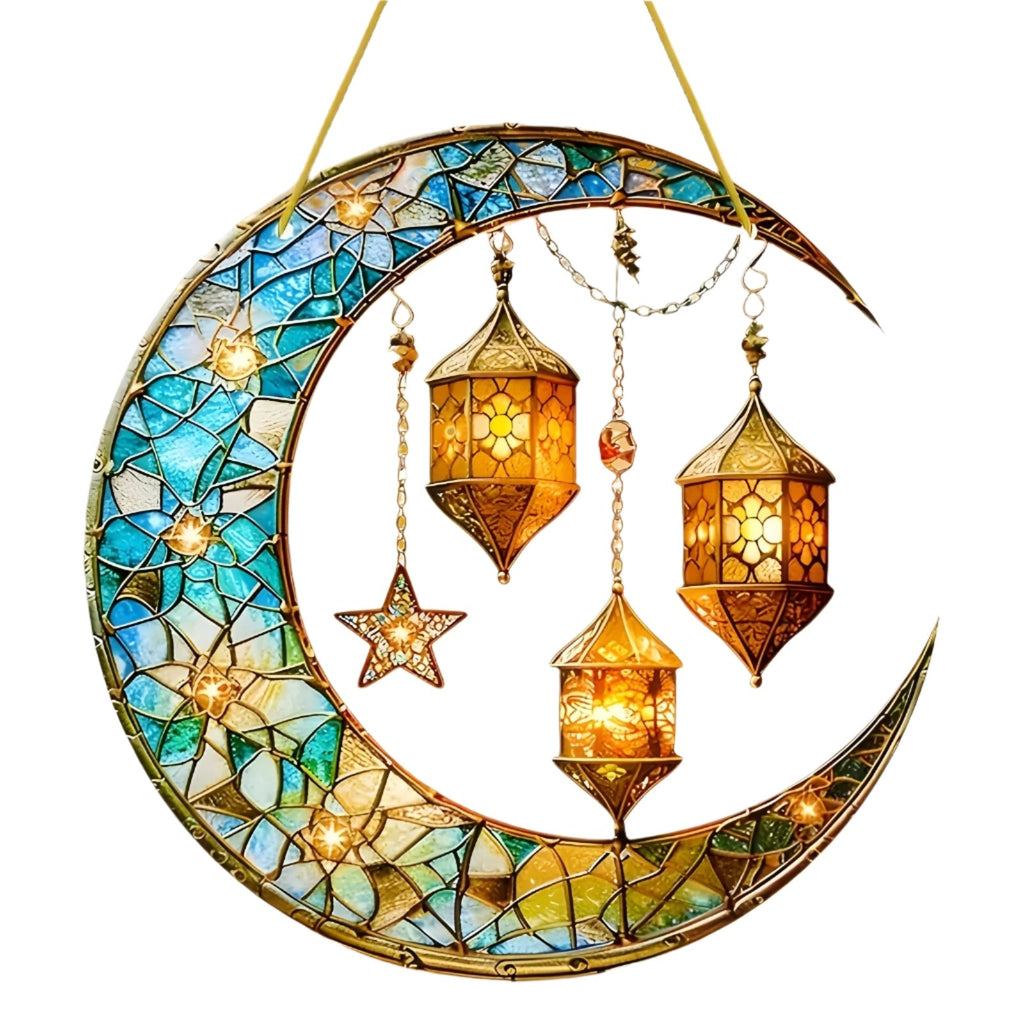 Round flat acrylic Ramadan sun catcher with vibrant imitation stained glass design for window decoration