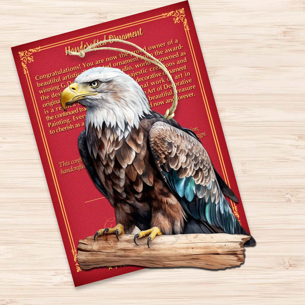 Bald eagle painted on a rustic round birch plywood wooden Christmas holiday ornament — view 3