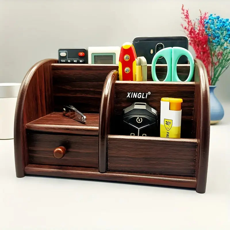 Wooden desk file organizer in dark brown finish with a drawer, document slots, and pen holder — view 2