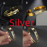 Personalized name bracelet in polished stainless steel available in silver gold and rose gold finishes — view 3