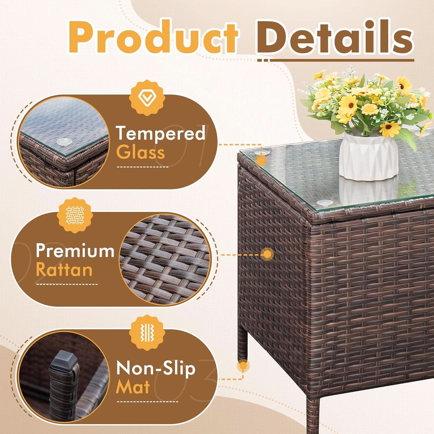 Three piece brown rattan outdoor patio set with two cushioned chairs and a tempered glass table — view 4