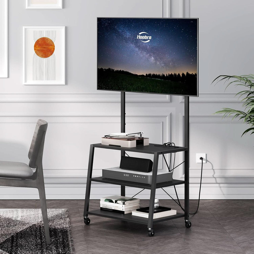 Black rolling TV stand with adjustable mounting rail, three storage shelves, and lockable caster wheels — view 5