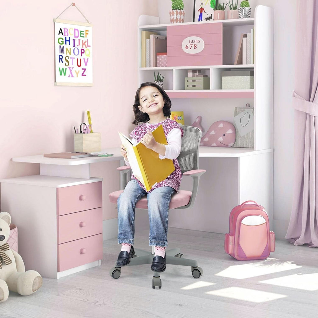 Pink ergonomic kids desk chair with breathable mesh back, adjustable height, armrests, and rolling casters — view 2
