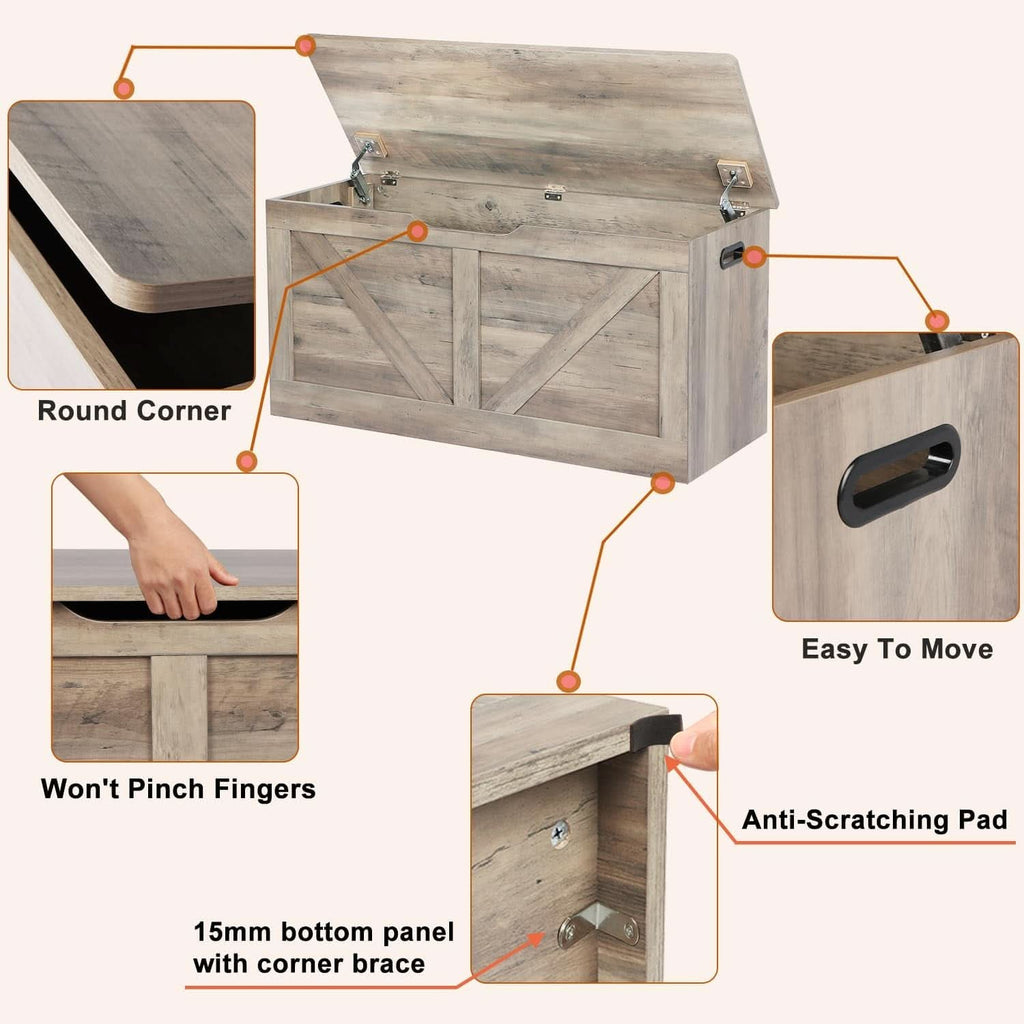 Grey wooden entryway storage bench chest with top lid open revealing interior compartment — view 5