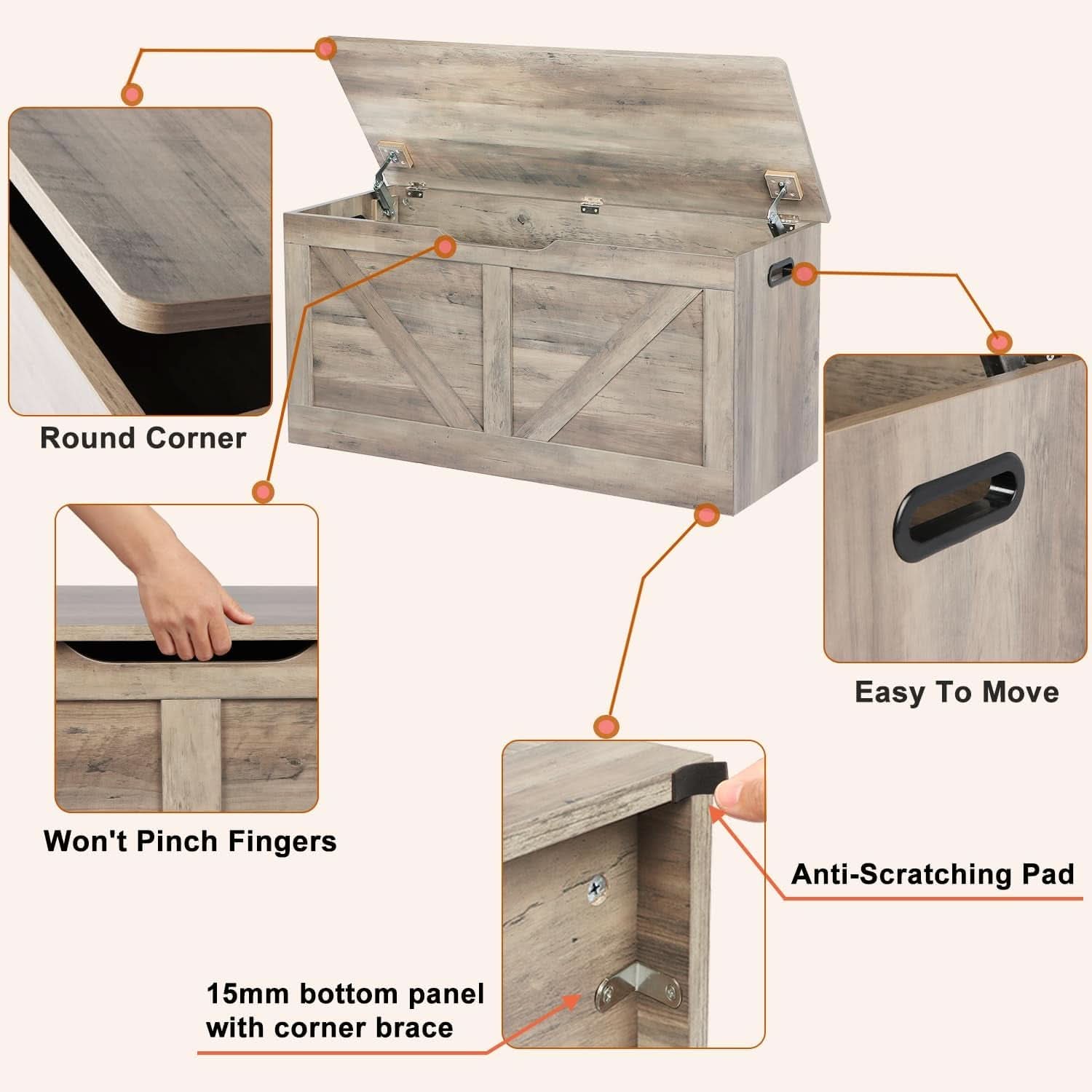 Grey wooden entryway storage bench chest with top lid open revealing interior compartment — view 5