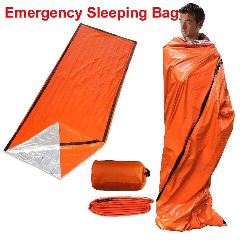 Four-piece outdoor survival tube tent and thermal blanket set in lightweight silver polyethylene material. — view 3