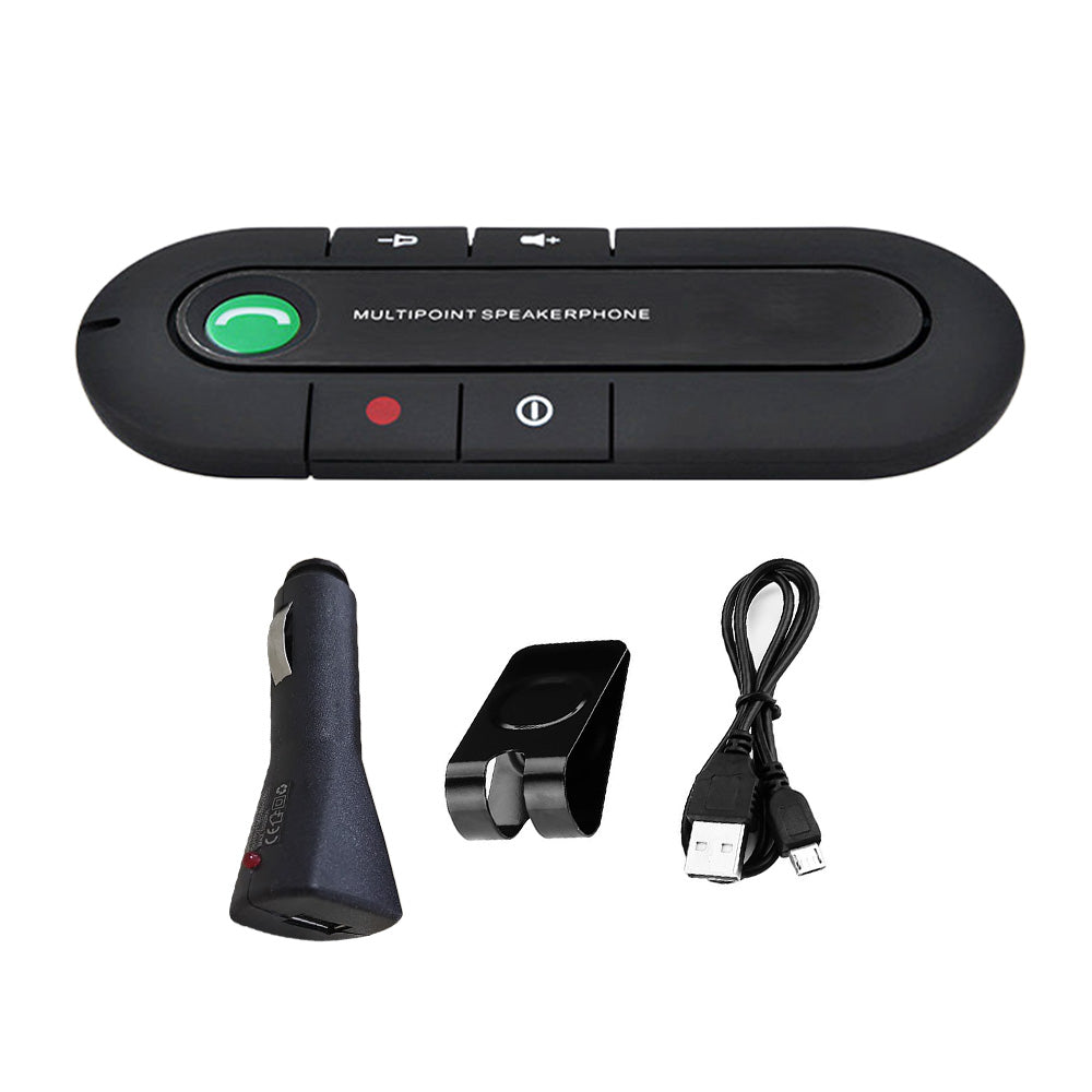 Black Bluetooth hands-free car speakerphone attached to a vehicle sun visor with metal clip. — view 2