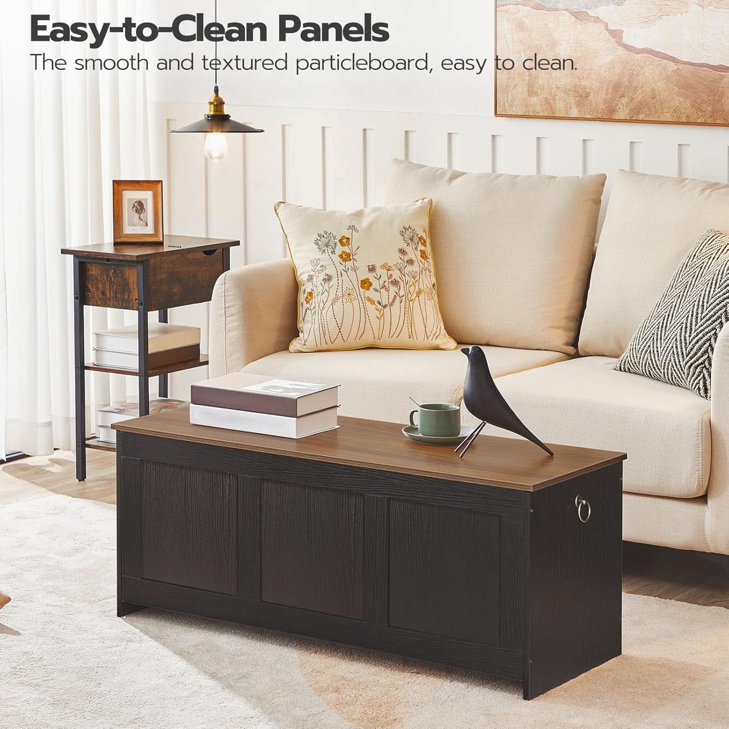 39-inch walnut storage bench with lift-top lid, striped front panel, and metal handles — view 5
