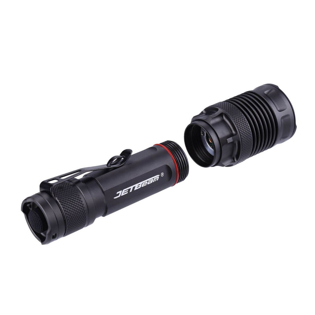 Black tactical flashlight with rugged waterproof body and textured grip for outdoor use — view 2