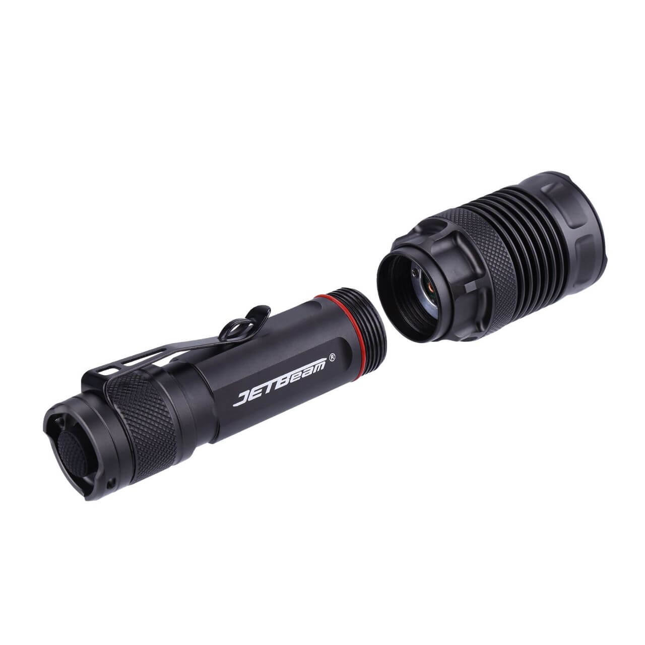 Black tactical flashlight with rugged waterproof body and textured grip for outdoor use — view 2