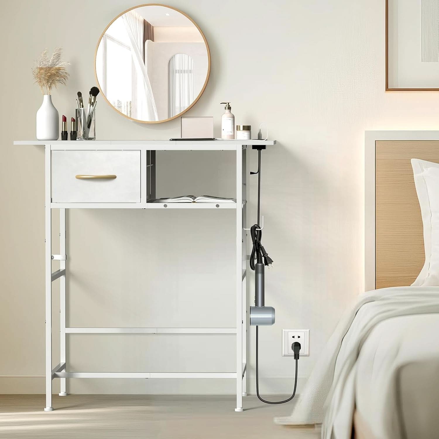 Compact white cosmetic vanity desk with integrated charging station, fabric drawer, and solid wood top. — view 3