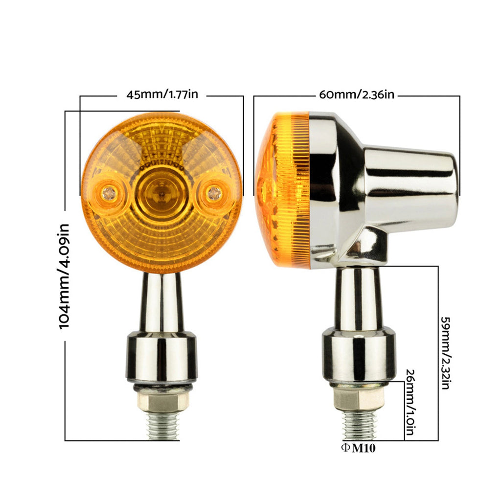 Chrome motorcycle turn signals with bright amber lens and silver housing for custom bike builds. — view 2