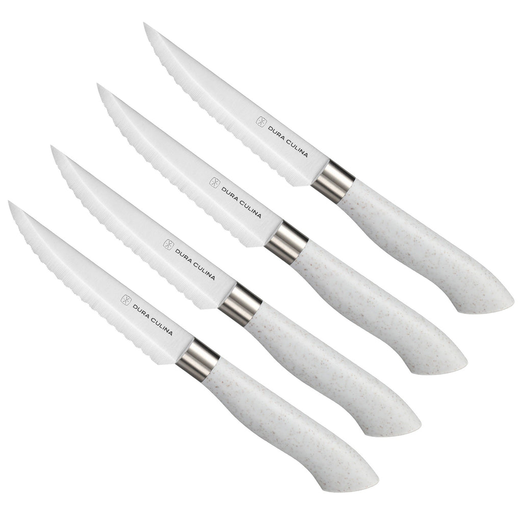 EcoCut 4-piece steak knife set with grey ergonomic handles and micro-serrated high-carbon German steel blades. — view 5