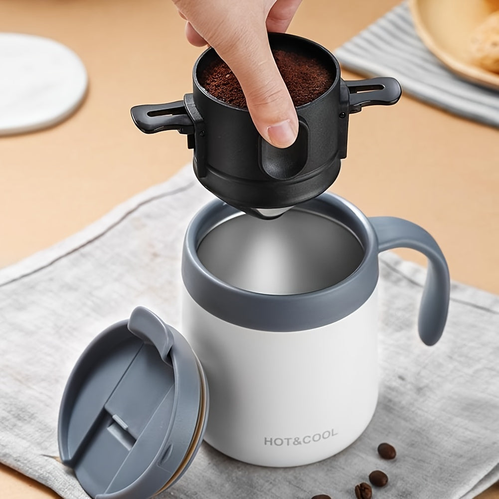 Portable stainless steel pour-over coffee dripper with folding ears and double layer fine mesh filter — view 2
