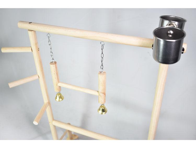 Solid wood parrot playground playstand with swing, climbing ladder, and double-layer food box — view 3