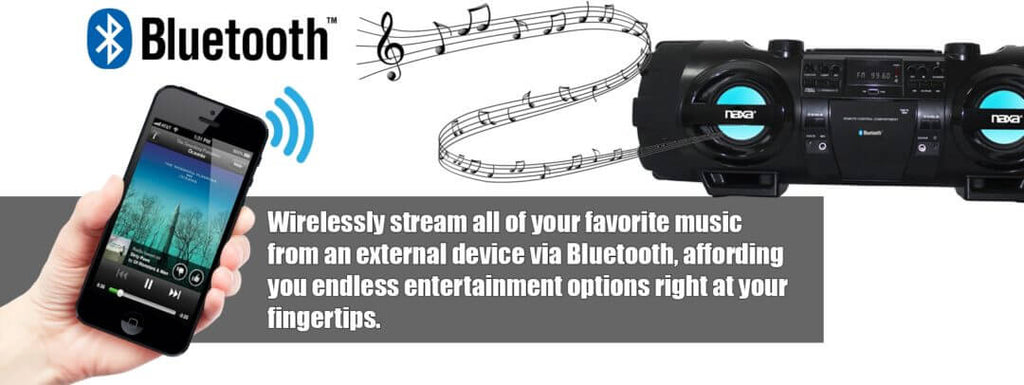 Sleek black bass reflex boombox with top carry strap, large dual speakers, and control panel — view 3