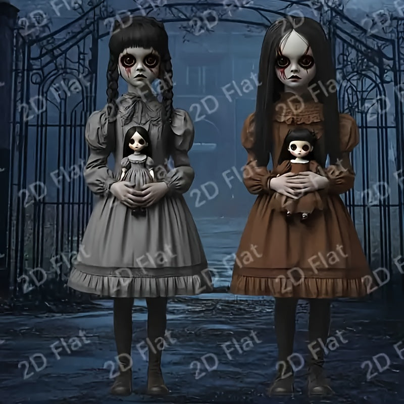 Gothic horror girl yard decor set featuring two spooky 2D flat silhouette dolls on poles — view 4