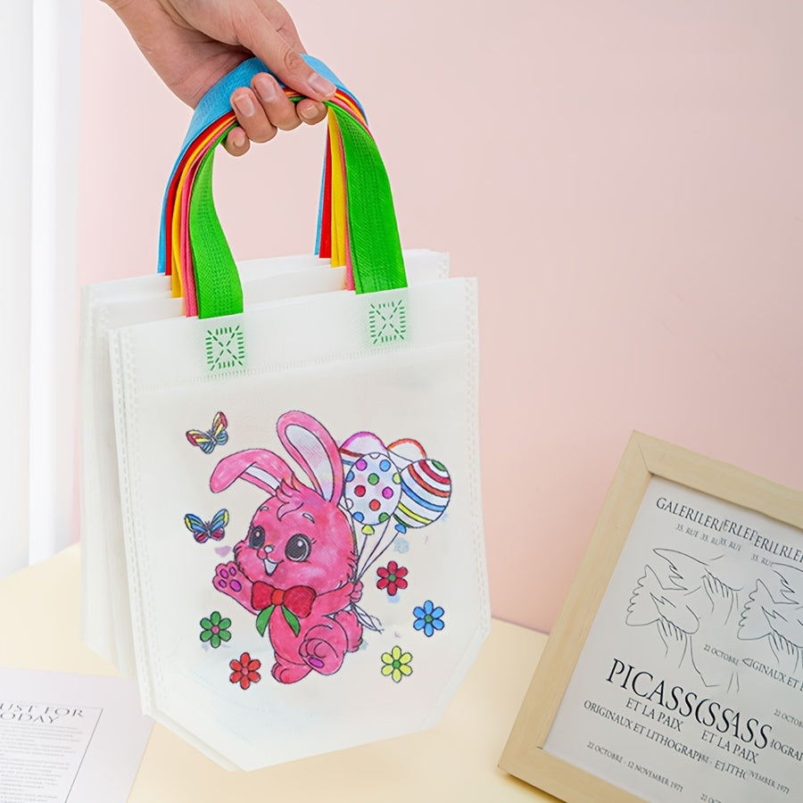 Five colorful reusable Easter tote bags featuring cute bunny and egg designs with sturdy carry handles — view 3