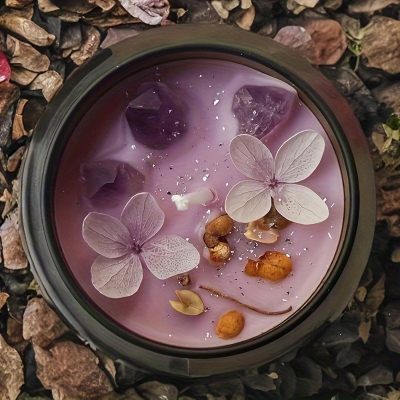 Lavender scented candle made of natural soy wax decorated with purple crystals and delicate floral petals — view 3