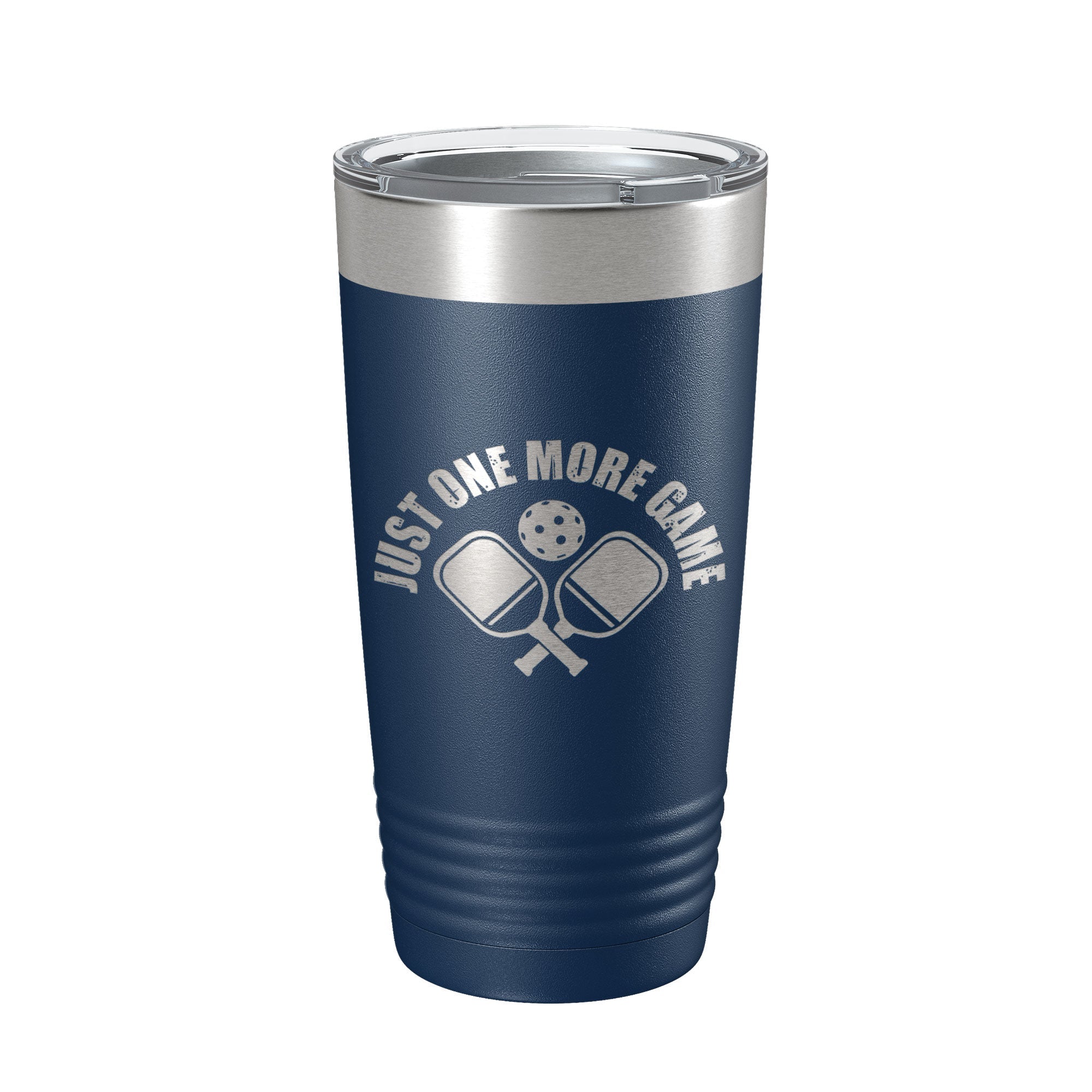 Pickleball 20oz travel tumbler in stainless steel with laser-etched design and clear sliding lid — view 3
