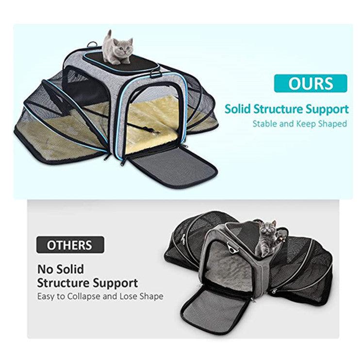 Black expandable soft-sided cat carrier with breathable mesh windows and safety reflective tape — view 2