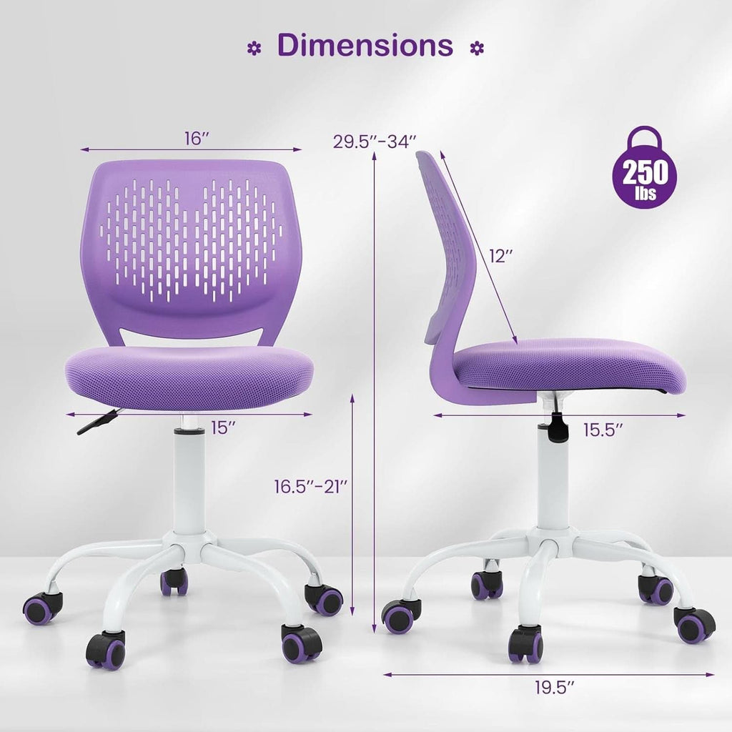 Bright purple kids desk chair with ergonomic backrest, adjustable height, and five-wheel base. — view 3