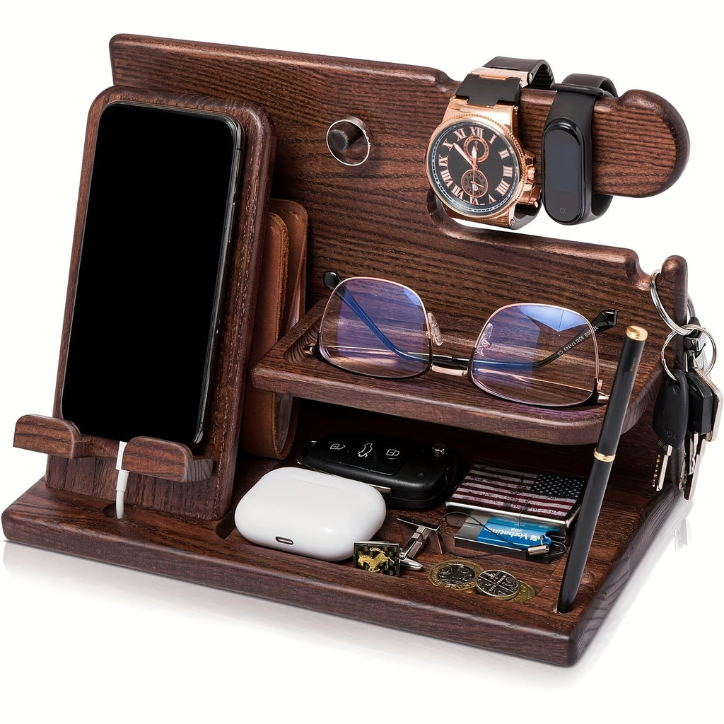 Wooden desk organizer and phone docking station in walnut finish holding watch keys and wallet