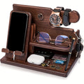 Wooden desk organizer and phone docking station in walnut finish holding watch keys and wallet