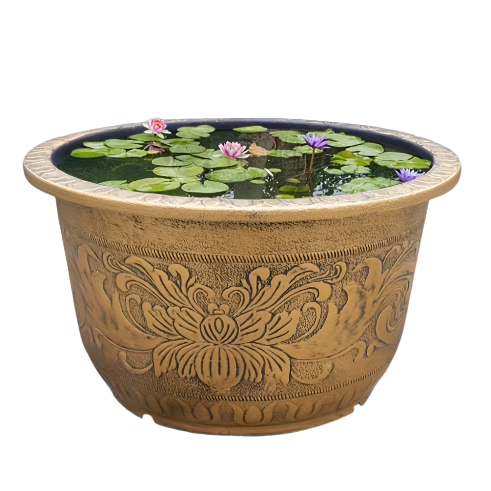 Round bronze resin planter pot with geometric pattern for garden and outdoor decor styling