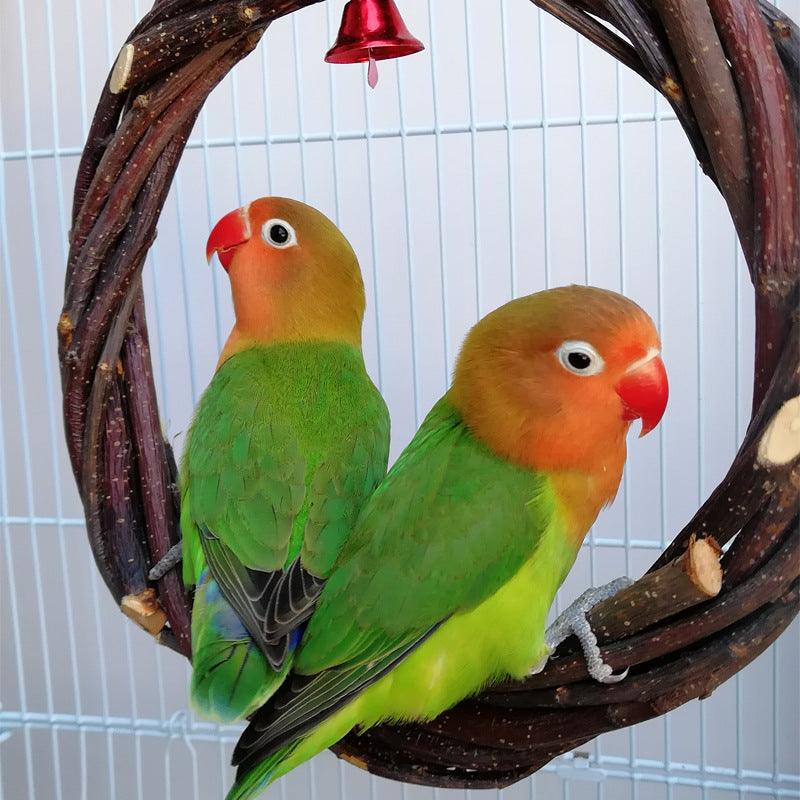 Natural apple branch bird chewing toy rattan braided ring attached to a bird cage wire — view 2