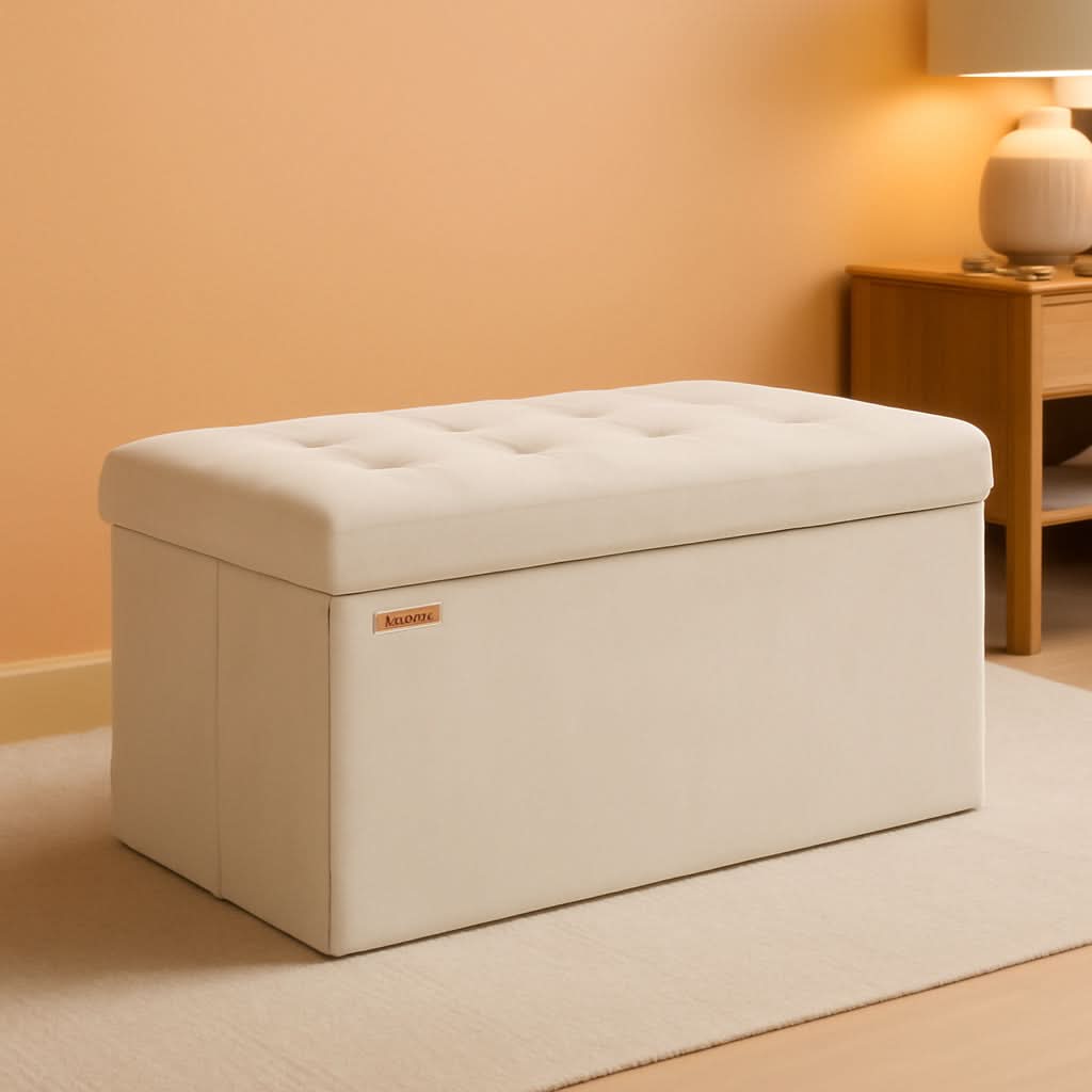 Cream white velvet foldable storage ottoman bench with tufted lid and spacious internal storage compartment
