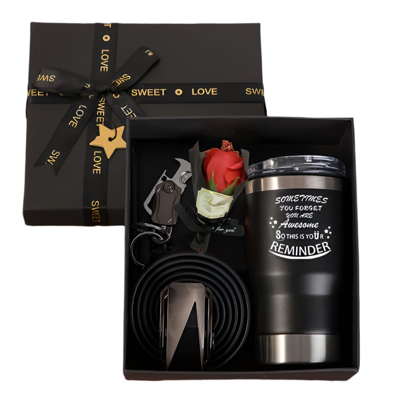 Men's 6-piece accessory gift set featuring a leather wallet, belt, keychain, cooler, and greeting card