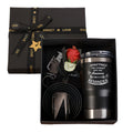 Men's 6-piece accessory gift set featuring a leather wallet, belt, keychain, cooler, and greeting card