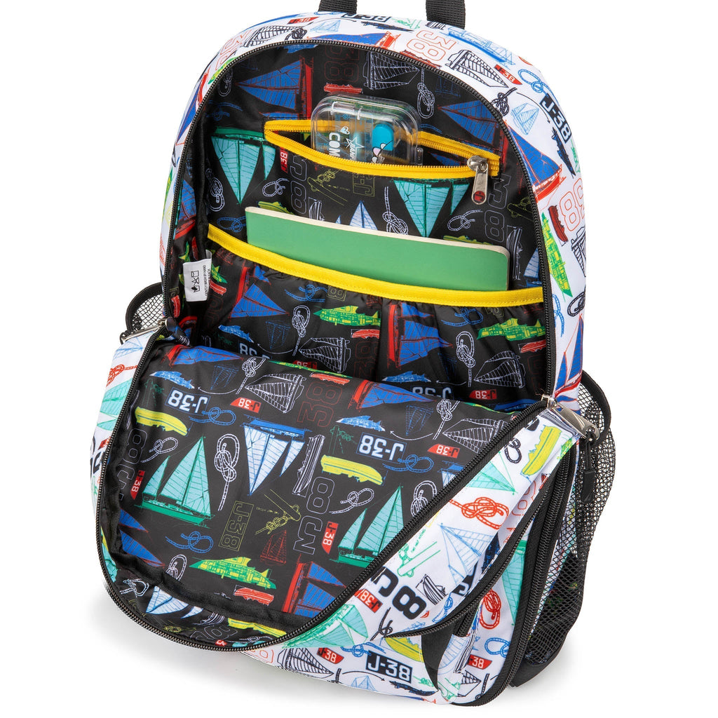 Kids sailboat print backpack in durable water-resistant polyester with padded shoulder straps and side bottle pockets — view 3