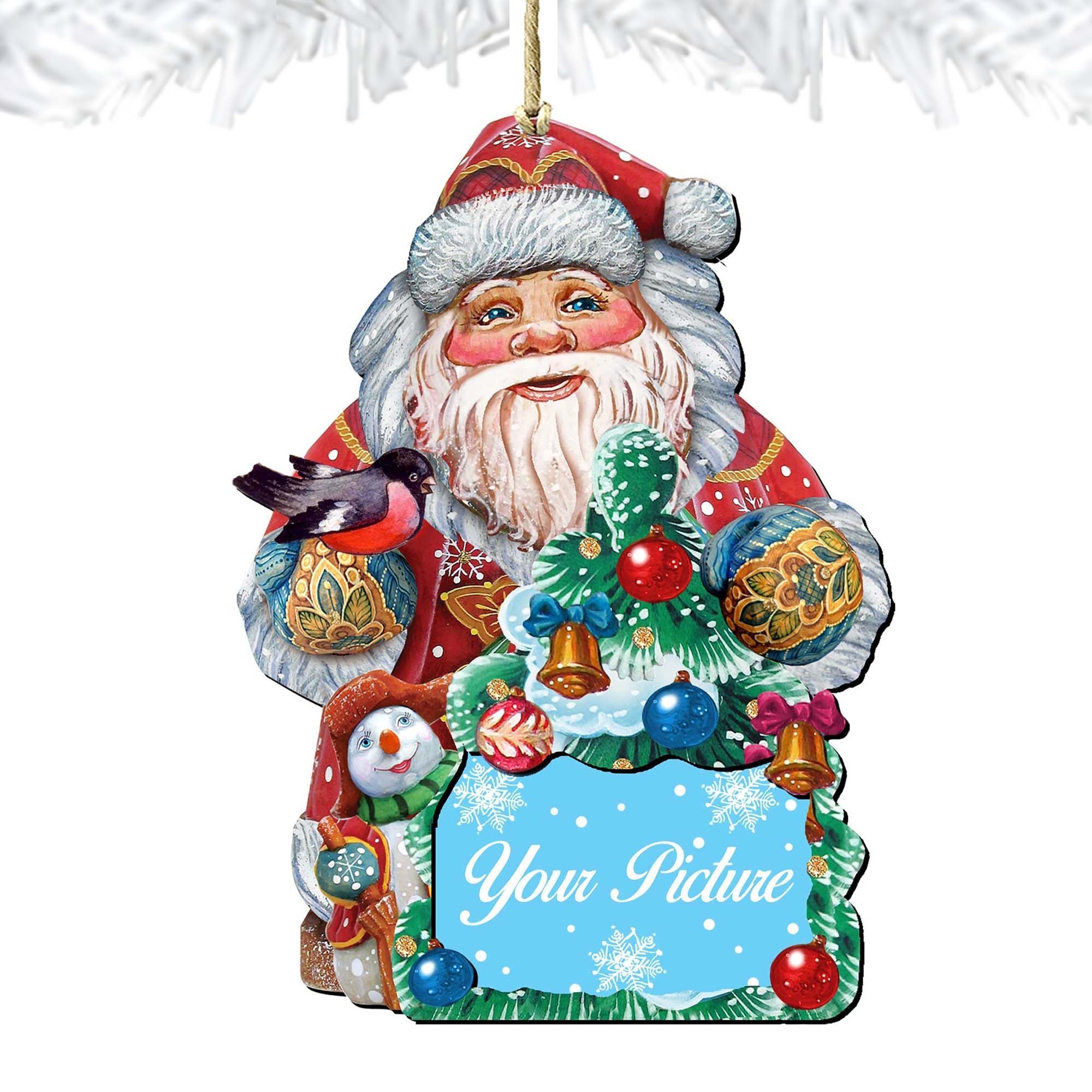 Handcrafted wooden Santa and snowman Christmas tree picture frame ornament holding a photo — view 4