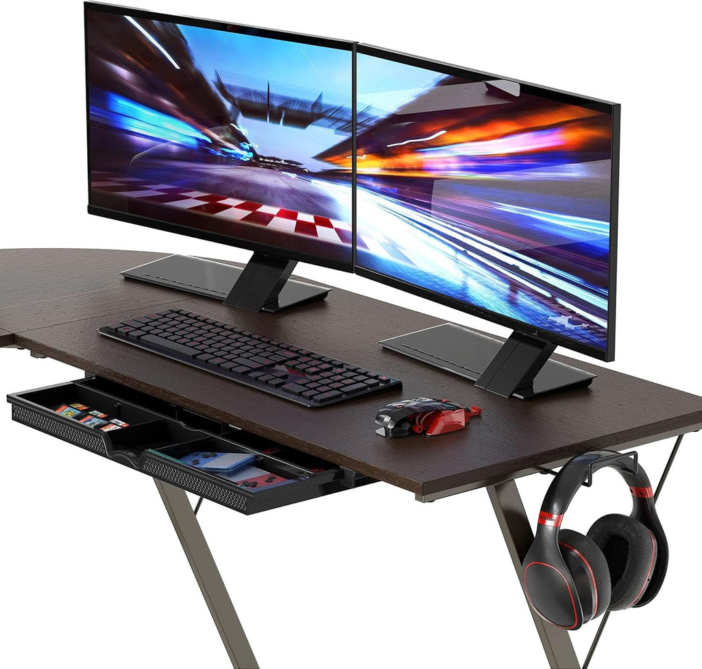 Espresso Vista L-shaped corner desk with steel frame, monitor stand, and drawer — view 4