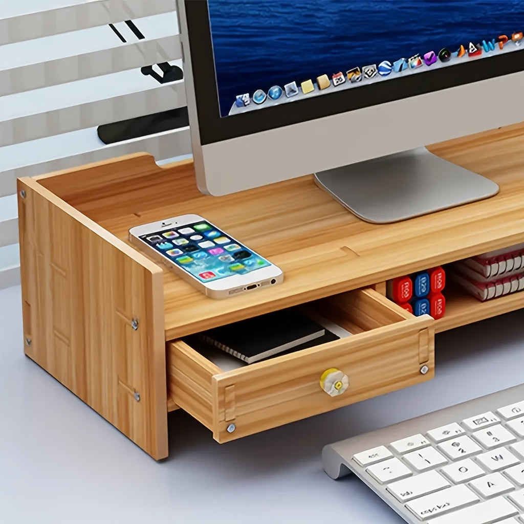 Cherry wood rectangular monitor stand with a built-in storage drawer and keyboard tray underneath. — view 3