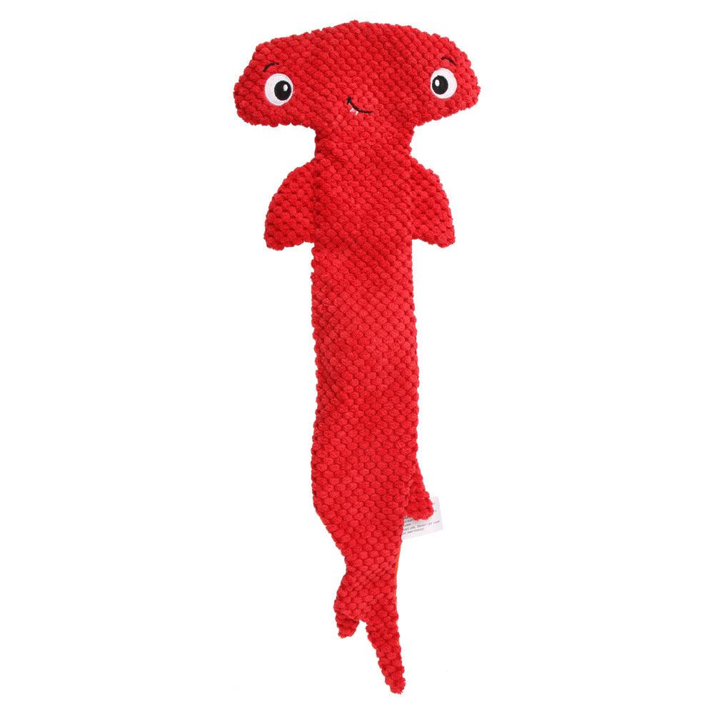 Red and blue hammerhead shark squeaky dog toy made of durable polyester cloth. — view 5